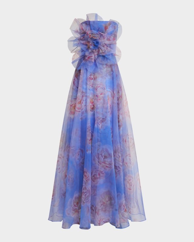 Kimberly Strapless Floral-Print Organza Gown